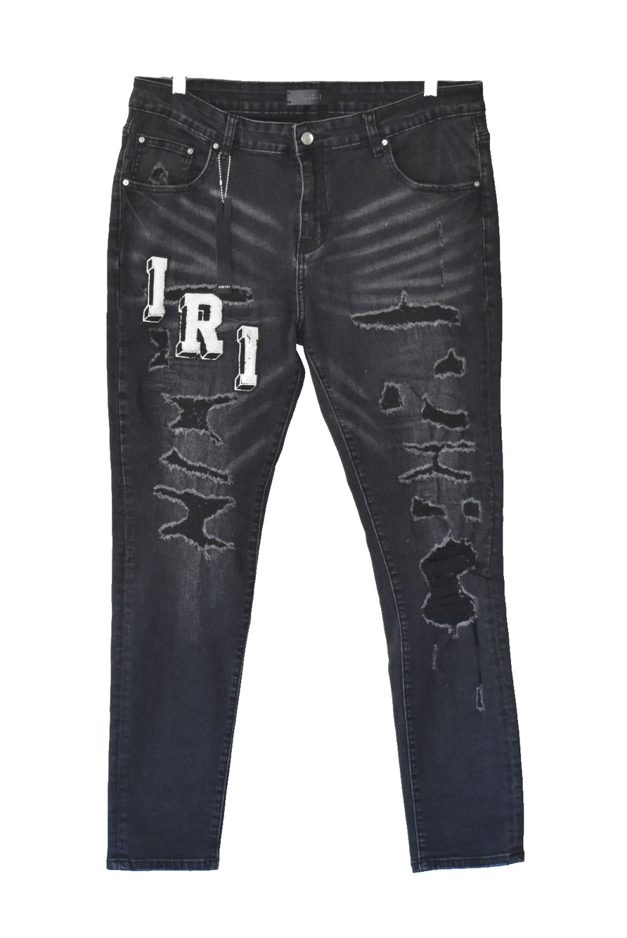 C5 NEW AMIRI Faded Black Denim White Letter Patch Distressed Skinny Jeans Sz 36